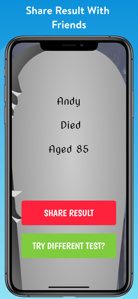 When Will I Die? - Calculator - Pantalla de resultados de la aplicación Calculadora de Muerte con un gráfico de lápida y opciones para compartir
