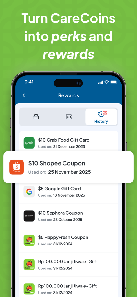 CareAide Manage Meds & Health - Rewards screen in the CareAide app showing gift cards and coupons redeemed with CareCoins.