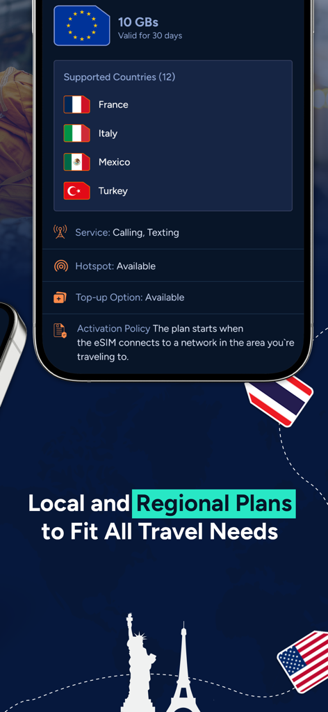 WowoSim - WowoSim app interface showing regional travel data plans and eSIM details for multiple countries.