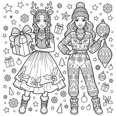 Dive into the magic of the holidays with this delightful Christmas Fashion coloring page! Featuring two stylish girls in festive attire, it's perfect for young artists to express their creativity.