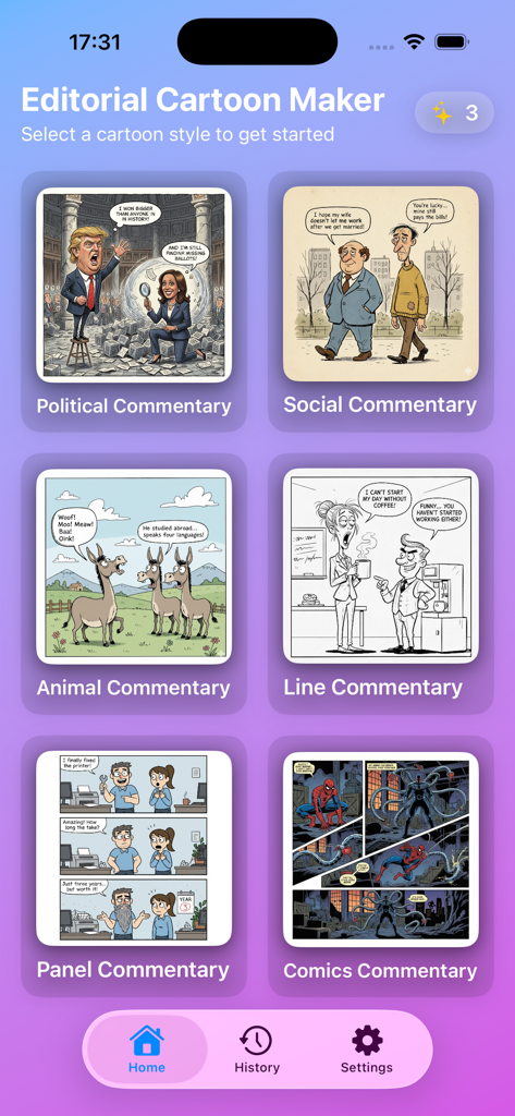 Home screen of Editorial Cartoon Maker app showing different cartoon styles like political and social commentary