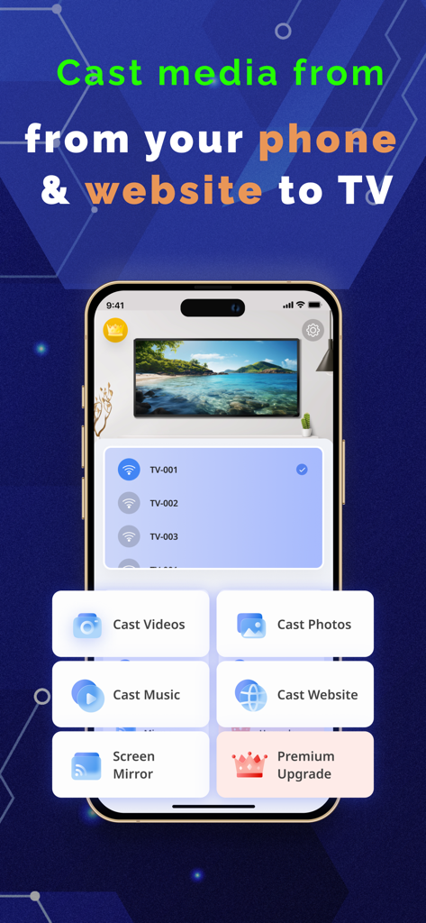 Stayconnect app interface on a smartphone showing casting options for videos photos music and websites to a smart TV