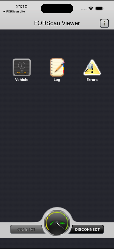 FORScan Viewer for Ford, Mazda - Main interface of FORScan Viewer app with sections for vehicle information log and error diagnostics