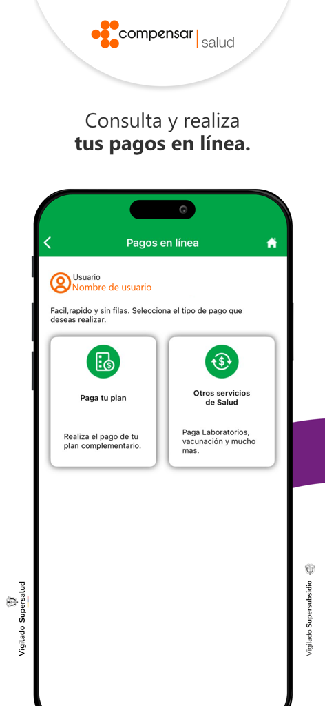 Compensar Salud - Écran d'application mobile de Compensar Salud montrant les options de paiement en ligne pour les plans et services de santé.