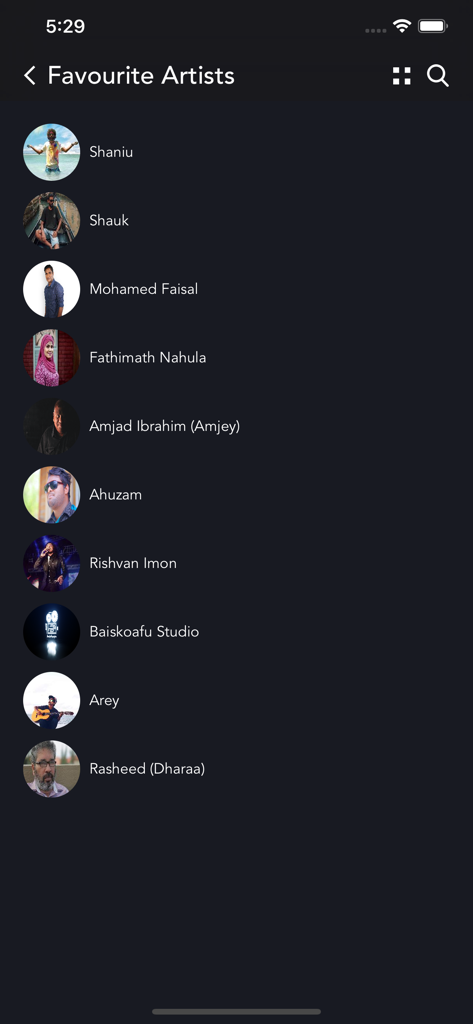 A list of favourite Maldivian artists on the Baiskoafu streaming app
