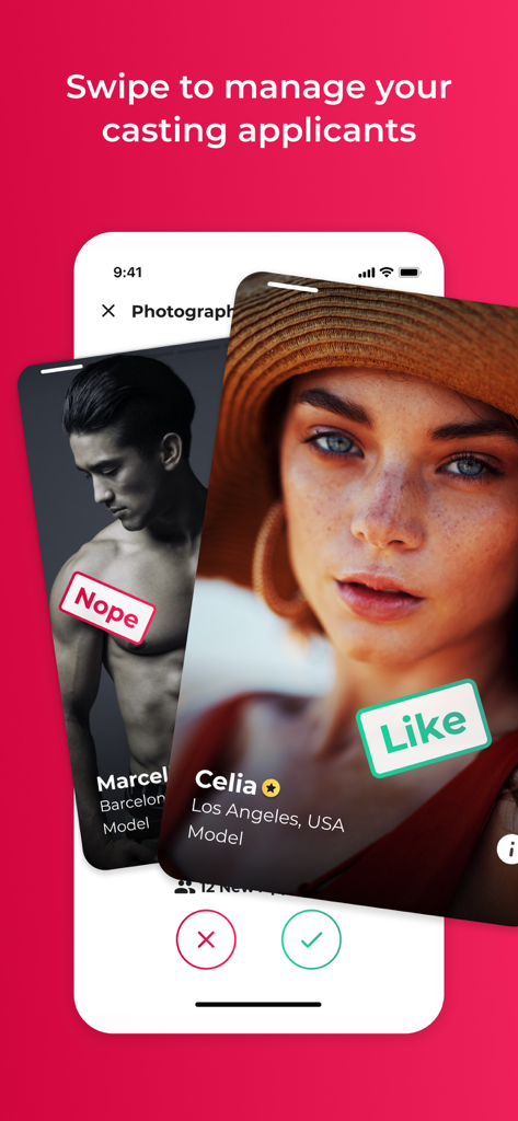 A mobile interface for Model Now app showing a recruiter swiping through model profiles to manage casting applicants.