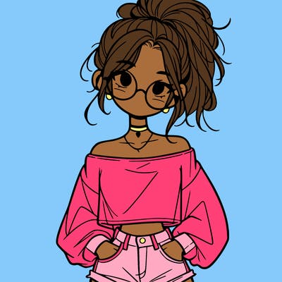 girl with a messy ponytail glasses a baggy crop top and jean shorts