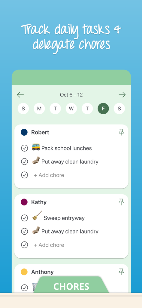Cozi Family Organizer - Una captura de pantalla de la aplicación Cozi que muestra listas de tareas diarias codificadas por colores para los miembros de la familia, incluidas tareas como empacar almuerzos escolares y barrer.