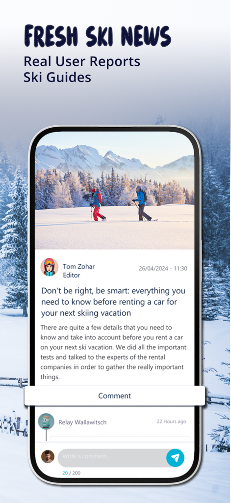 SnowBuzz - Interfaz de la aplicación SnowBuzz mostrando un artículo de noticias de esquí fresco con guías de usuario y comentarios