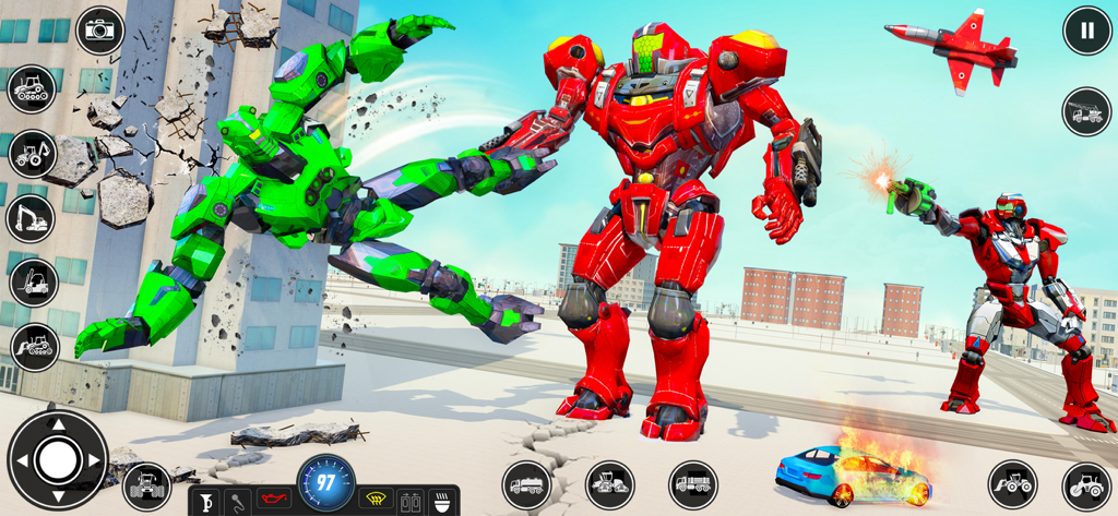 Super Robot Transform Games 3D - Red robot fighting a green robot in a 3D city street