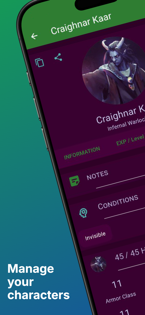 RPG Companion App - A digital character sheet interface showing an infernal warlock with stats notes and conditions