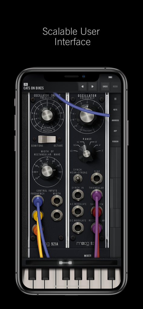 The Moog Model 15 app interface displaying modular synthesis components and patch cables on a mobile screen