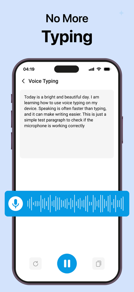 Uma interface móvel mostrando o recurso de digitação por voz do Telegram Tools com transcrição de voz para texto e uma forma de onda de áudio azul.