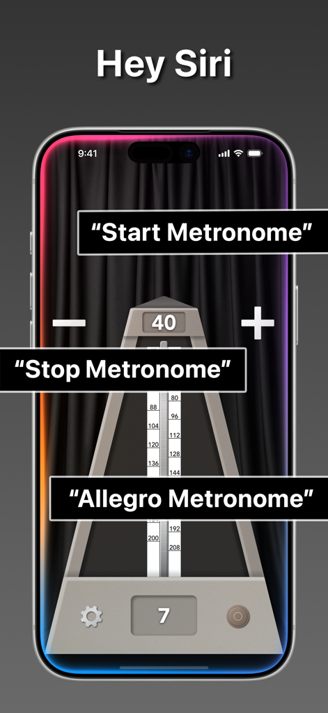 True Metronome - Interface da aplicação True Metronome mostrando a integração de comandos de voz Siri para prática musical sem mãos.