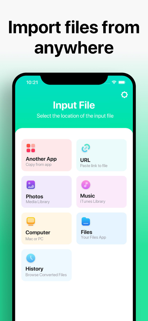 Interfaz de la aplicación El Convertidor de Audio mostrando varias fuentes de importación de archivos, incluyendo Otra Aplicación, URL, Fotos, Música, Ordenador y Archivos.