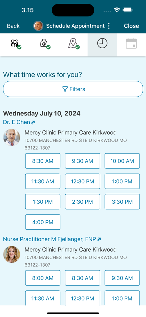MyMercy - Interface of the MyMercy app showing a list of available time slots for scheduling an appointment with medical providers at Mercy Clinic.