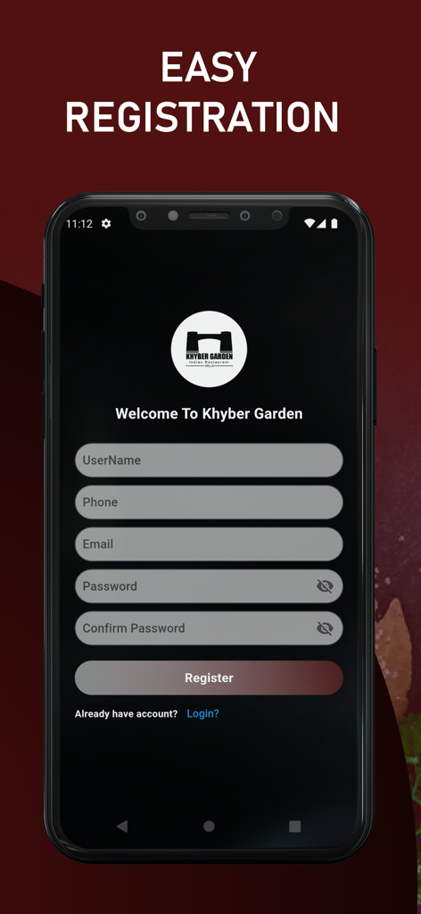 Khyber Garden - Khyber Garden app registration screen with sign up form
