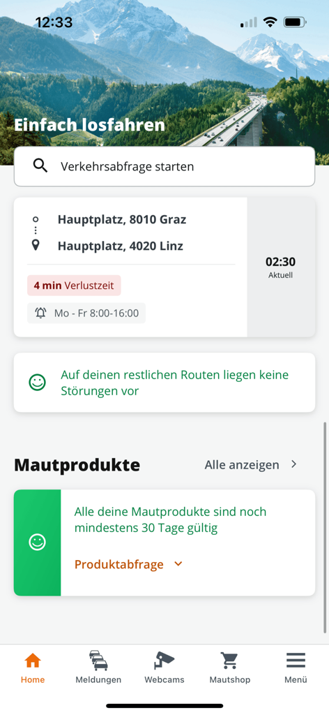 ASFINAG - ASFINAG mobile app home screen with traffic information and toll products