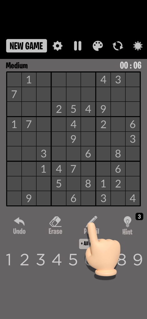 Sudoku Classic 2025 - Mobile screen showing Sudoku Classic 2025 on medium difficulty with a dark theme and the pencil notes feature being used