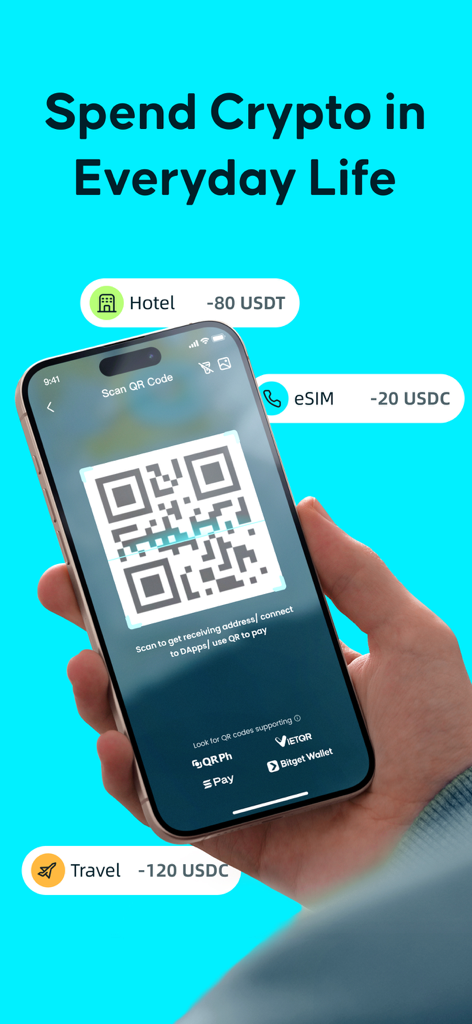 Bitget Wallet: Bitcoin, Crypto - Smartphone scanning a QR code to pay for hotels and travel with cryptocurrency in Bitget Wallet.