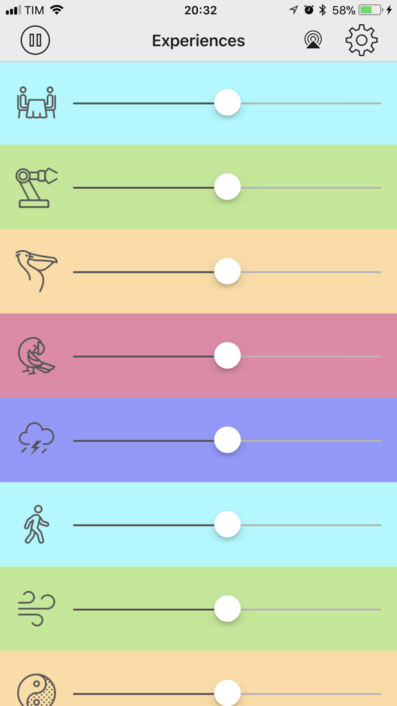 Interface of Noisly app showing multiple colorful sound mixing sliders with various ambient noise icons.