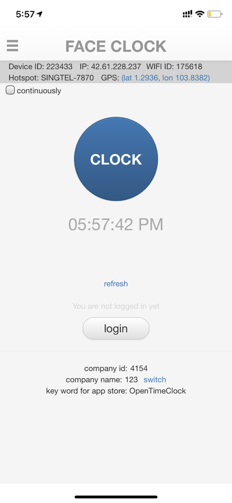 OpenTimeClock - OpenTimeClock app interface showing a Face Clock screen with a central clock button and login option.