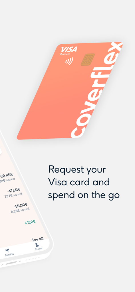 Coverflex - Coverflex Visa Business card floating above a mobile app interface for managing employee benefits