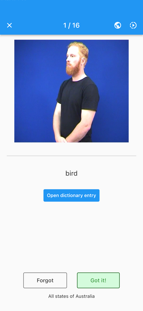 Auslan Dictionary app interface showing a flashcard for the word bird with a video demonstration and learning progress buttons