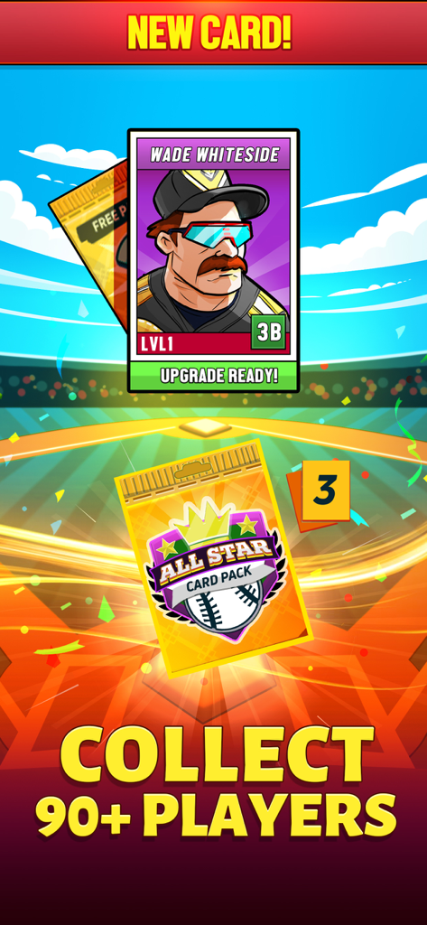 Super Hit Baseball - Super Hit Baseball game screen showing an all star card pack and a new player card with text collect 90 plus players