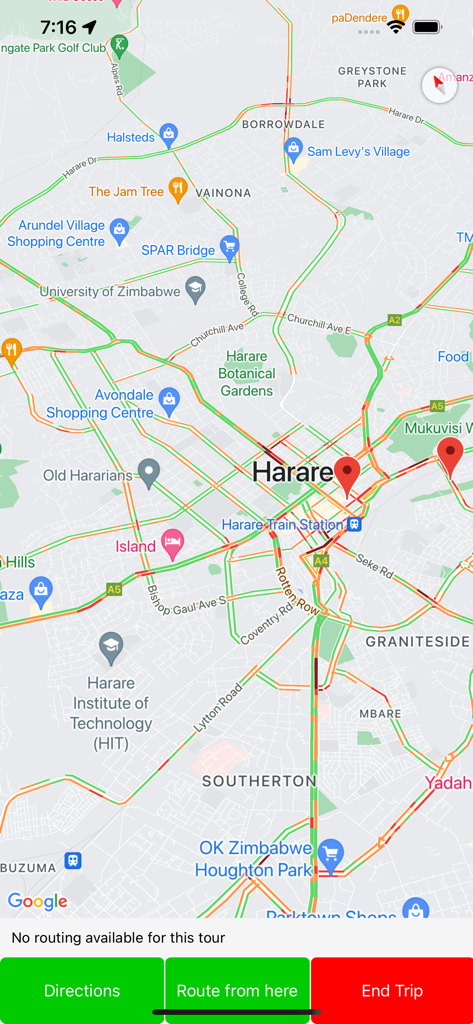 Vhakacha Visit Zimbabwe - Map view of Harare in the Vhakacha Visit Zimbabwe travel app showing navigation buttons and local landmarks