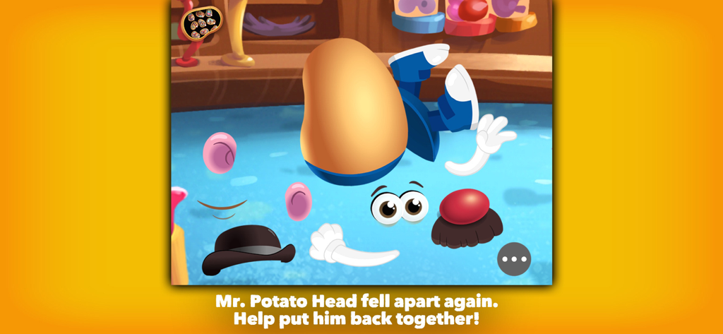 Mr. Potato Head: School Rush - Mr. Potato Head with pieces scattered on the floor for an interactive assembly game