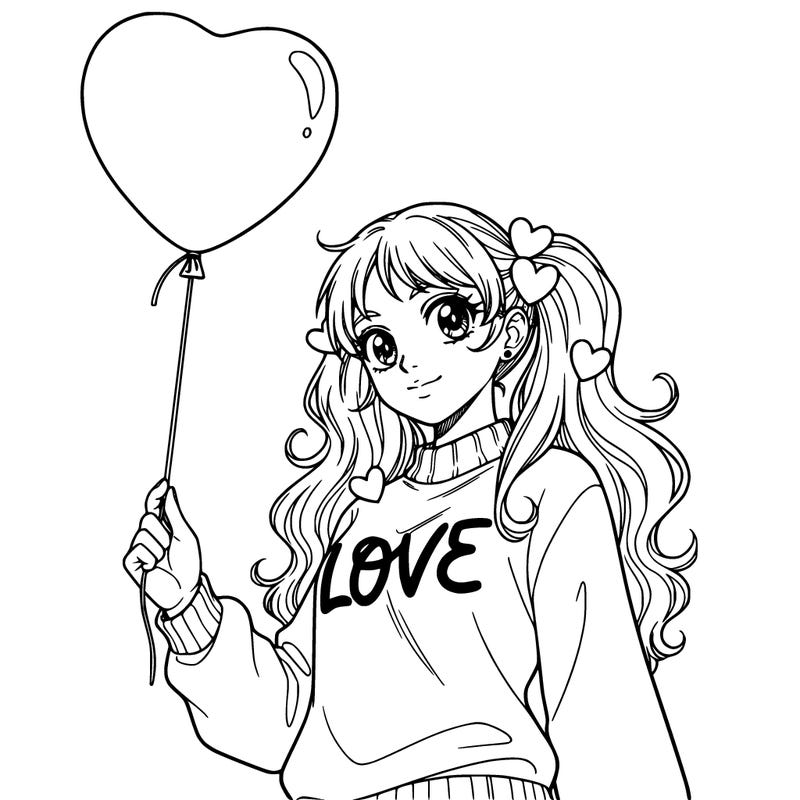 girl with no backround with a valentines day balloon in her hand holding it by the string. make her be facing the side but looking at the camera. have her have a cute valentines day sweater on. make her waist and up be showing. make her have cute pigtails with long hair. with cute hearts in her hair. make her hair be white. make her sweater just say the word love in cursive. nothing else on the sweater. make her hair be long and wavy