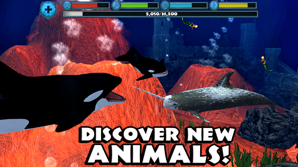 Orca Simulator - Orcas swimming near a narwhal and mermaids in an underwater world with the text Discover New Animals