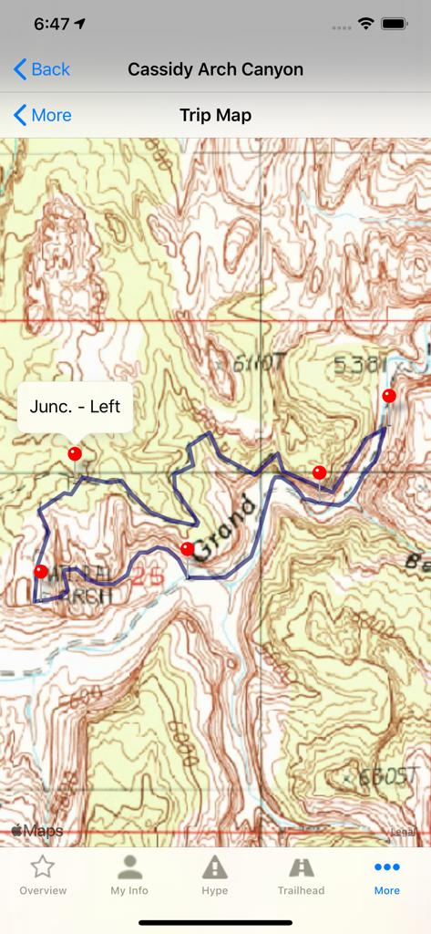 Road Trip Ryan Trip Guide - Road Trip Ryan app interface showing a topographic trip map with a blue route and red waypoints for Cassidy Arch Canyon.