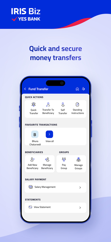 IRIS Biz by YES BANK - IRIS Biz mobile app interface showing quick money transfer options and salary management features