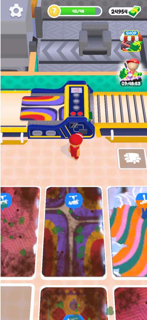 Carpet Cleaning ASMR - カラフルな工場設定でラグクリーニングマシンを操作しているキャラクター。