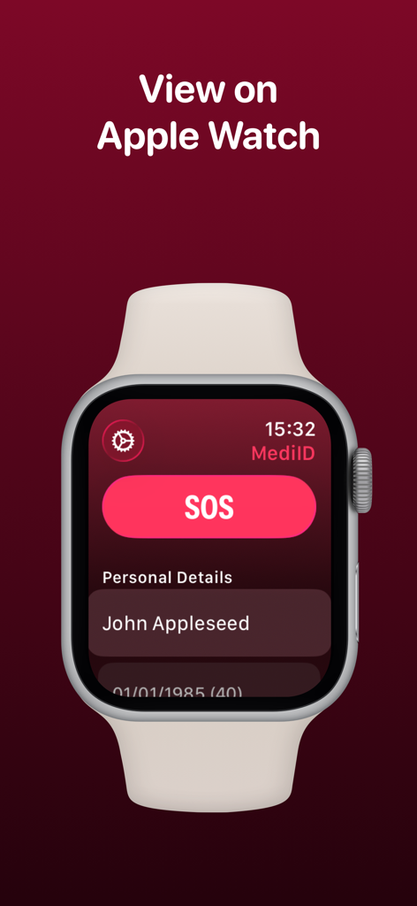 MediID app on Apple Watch displaying a red SOS button and personal medical details for John Appleseed.