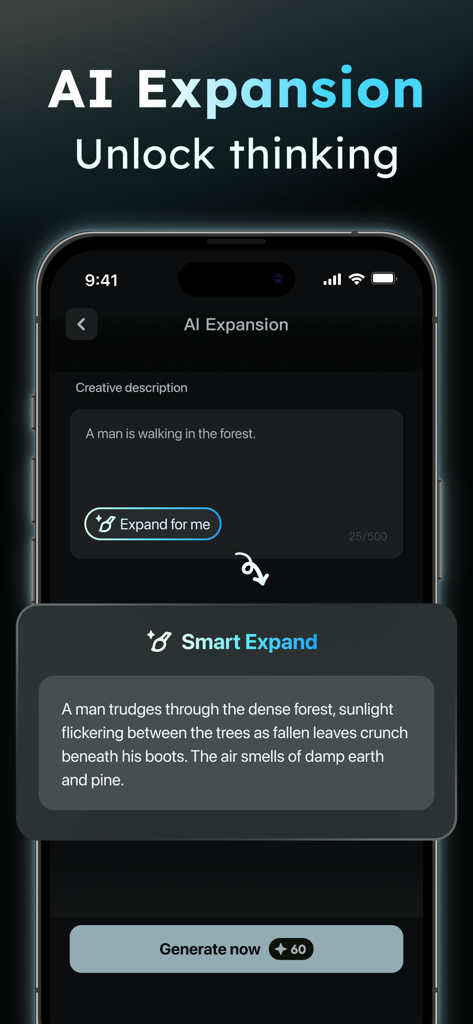 AIReel：AI Video Generator - AIReel app interface showing the AI expansion tool transforming a simple text prompt into a detailed descriptive narrative for video generation.