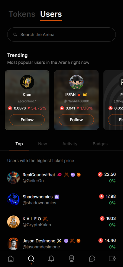 The Arena: SocialFi - Trending users and creator ticket prices on The Arena SocialFi app interface