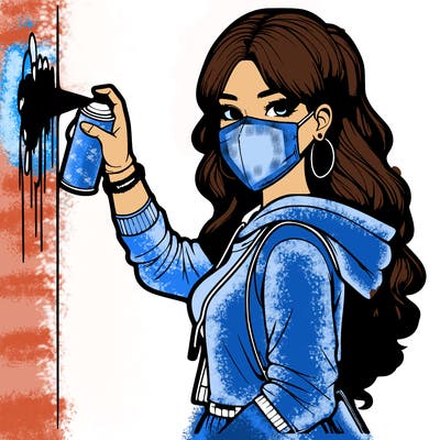 realistic girl with mask spray painting a wall