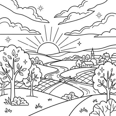 Let your child's imagination shine with this enchanting golden hour landscape coloring page. Perfect for kids aged 4-8, it features a serene village scene bathed in the warmth of a rising or setting sun, ready for a burst of color.