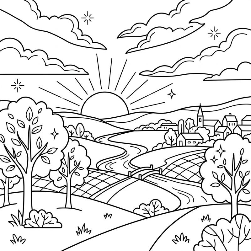 Let your child's imagination shine with this enchanting golden hour landscape coloring page. Perfect for kids aged 4-8, it features a serene village scene bathed in the warmth of a rising or setting sun, ready for a burst of color.