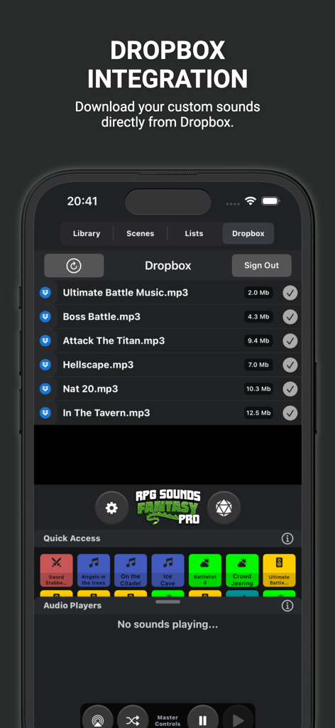 RPG Sounds Fantasy app screen showing Dropbox integration for importing custom game audio files
