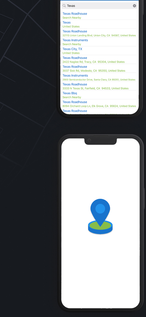 GPS Joystick app interface showing location search results and a map pin
