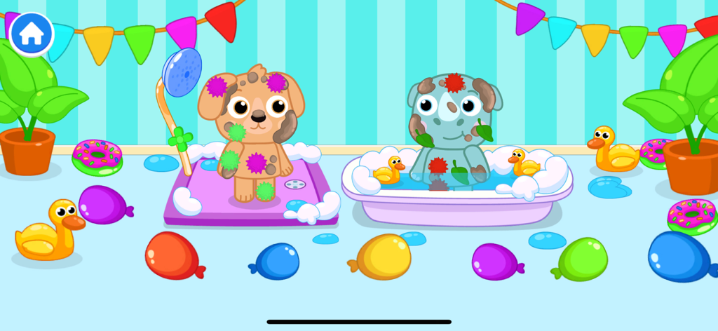 Un cachorro y un rinoceronte de dibujos animados bañándose en la aplicación educativa KoKids