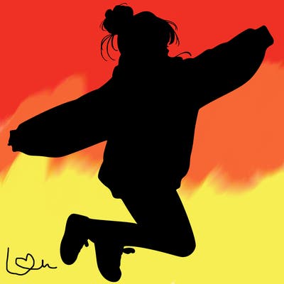 realistic girl jumping with a bun and oversized sweatshirt