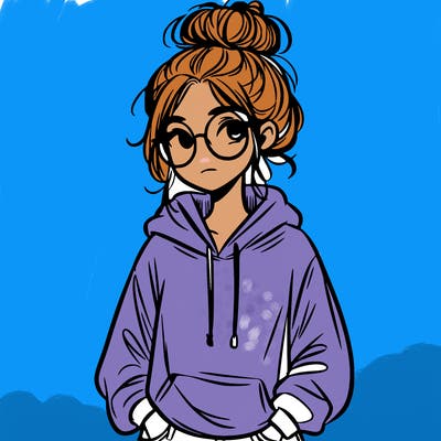 teen girl with a messy bun and glasses wearing a loose hoodie and jeans