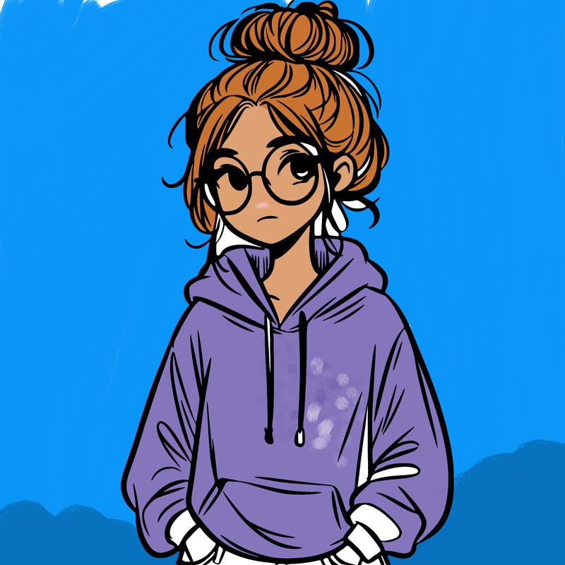 teen girl with a messy bun and glasses wearing a loose hoodie and jeans