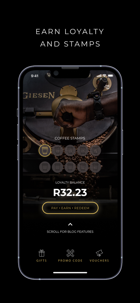 Bootlegger Coffee Company - Interface of the Bootlegger Coffee Company mobile app showing a digital loyalty stamp card and account balance