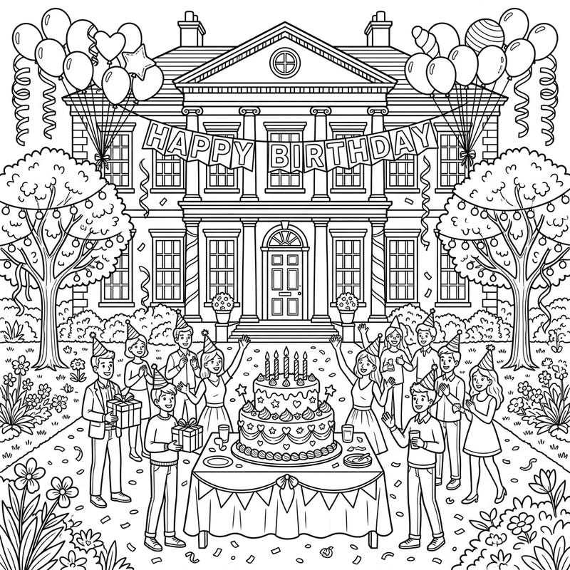 Step into a world of elegance and celebration with this intricate coloring page featuring a lively birthday party at a stately Georgian mansion. This detailed illustration promises hours of coloring fun for all ages.